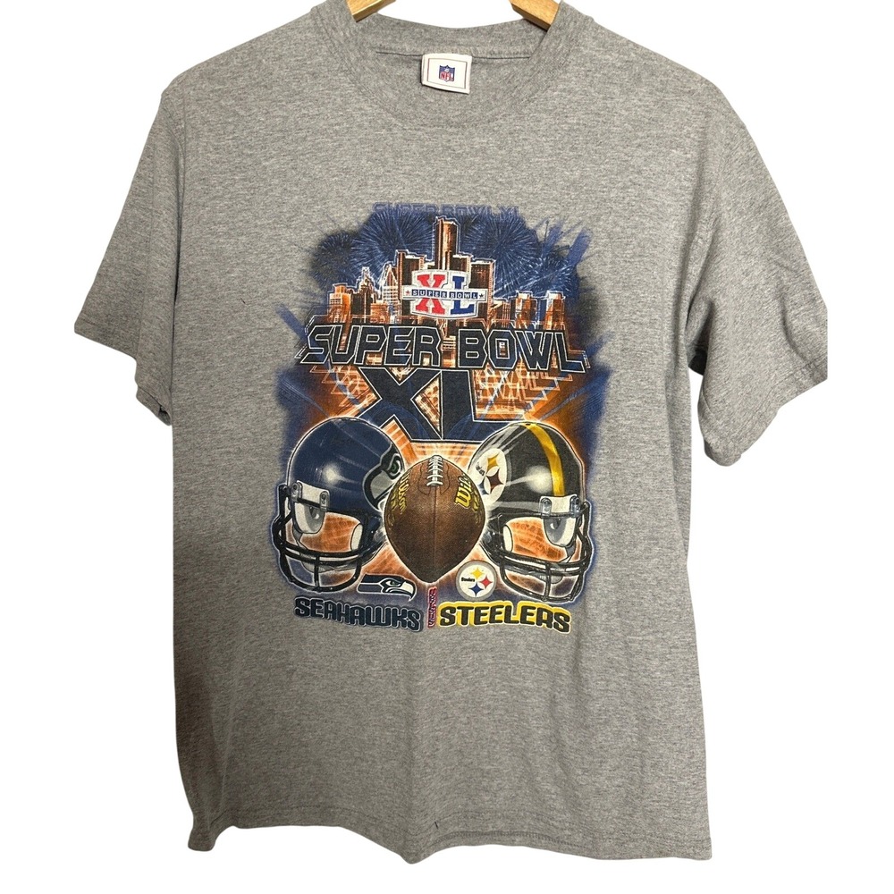 NFL Super Bowl XL 40 Seahawks vs Steelers Gray Graphic T-Shirt Mens Large 2006